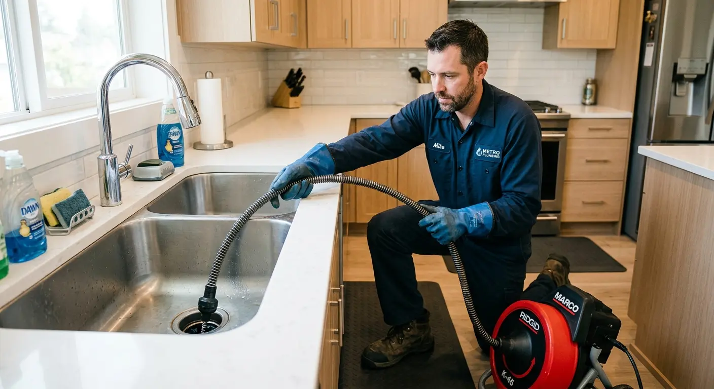 Drain cleaning technician using a motorized snake on a kitchen sink in Oakland